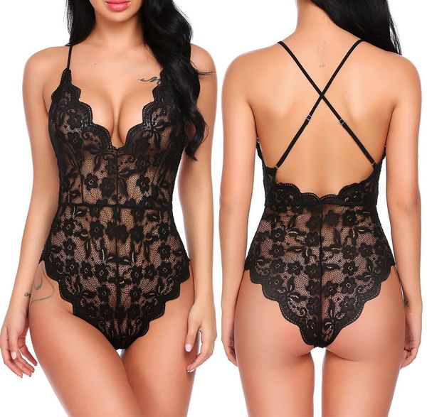 

women teddy lingerie female one piece strap babydoll mini bodysuit v neck lace printed underwear, Black;white