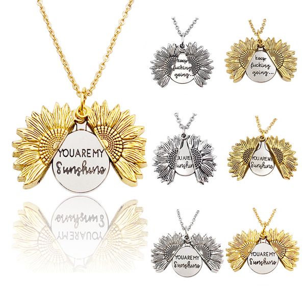 

fashion vintage sunflower pendant necklace new arrival good quality custom you are my sunshine open locket necklace gift, Silver