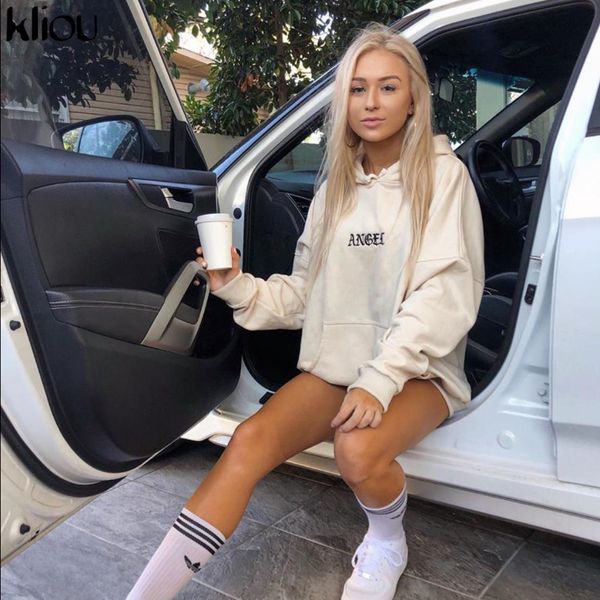 

kliou 2019 letters print hooded long sleeve pure oversized sweatshirts autumn winter women fashion long loose hoodies streetwear, Black