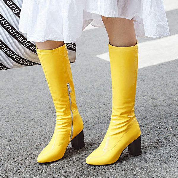 

women boots autumn winter knee high boots soft pu leather fashion high heel long zipper female black white red