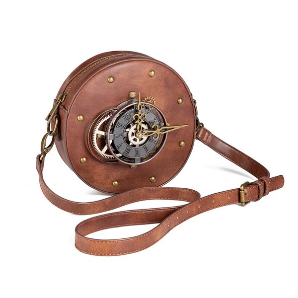 

steampunk gothic designer clock round bags female european vintage women's bag rivets motorcycle circular shoulder crossbody bag