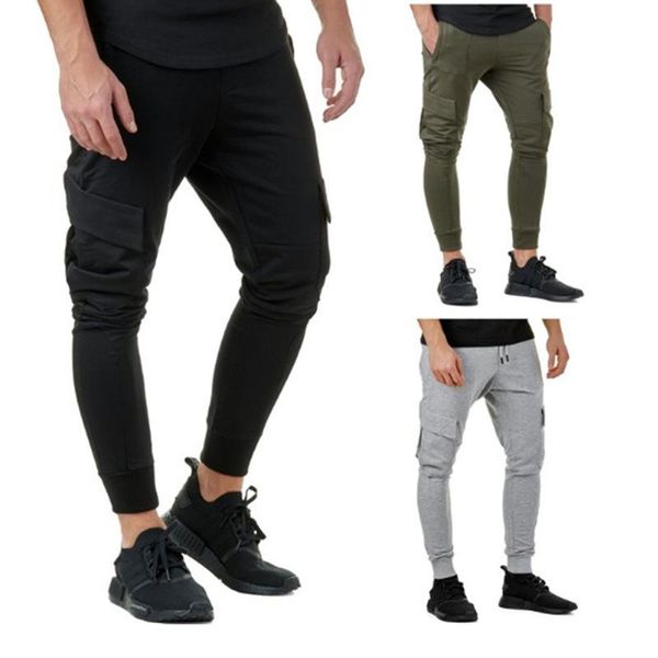 

mens тонкой пригонки вскользь карандаш штаны сплошной цвет карманы joggers long обычная одежда для homme pantlones, Black