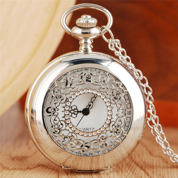 

antique fashion silver hollow out cover pocket watch women men quartz analog watches with necklace chain timepiece clock reloj de bolsillo, Slivery;golden