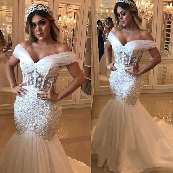 

2020 sheer mermaid lace appliques slim wedding dresses beaded tulle bridal gowns adjustable bandage back wedding dress luxurious, White