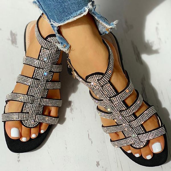 

new women flat ankle strap sandals womens buckle glitter gladiator beach shoes women rome crystal bling ladies fashion plus size, Black