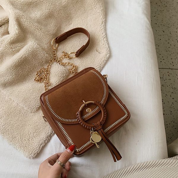 

elegant women small square bag texture wheat ear ring lock tassel decoration wild solid color small chain shoulder messenger bag