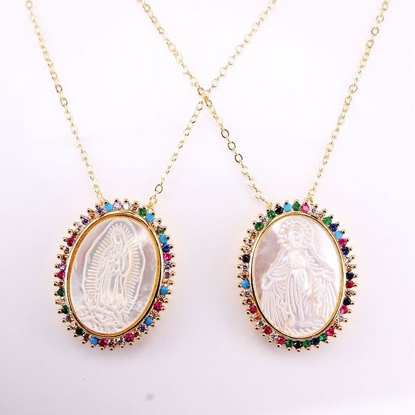

6pcs, fashion rainbow pendant cz micro pave elegant jesus / virgin of mary shell gold filled colorful zirconia pendant necklaces, Silver