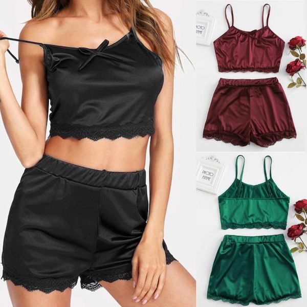

women sleepwear sleeveless bow lingerie nightwear lace trim satin pajama set pizama damska lingerie femme women pajamas, Blue;gray