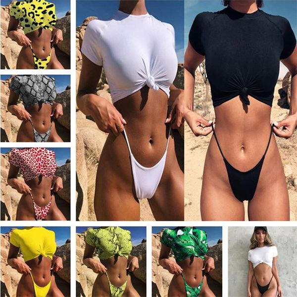 

women retro front tie knot t-shirt crop + shorts two piece set swimsuit bikini bathing suit ladies micro thong swimwear summer swimsuit, Blue