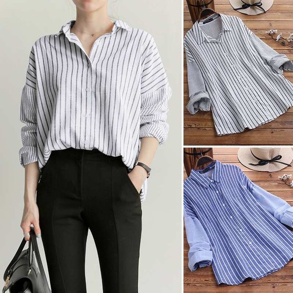 

stylish striped shirts women's spring blouse 2020 zanzea casual long sleeve work blusas femlae button stiching plus size, White