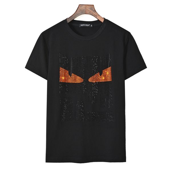 

summer men's devil eyes diamond t-shirt little monster tide models flash diamond men and women couple shirt large size loose t -shirt, White;black