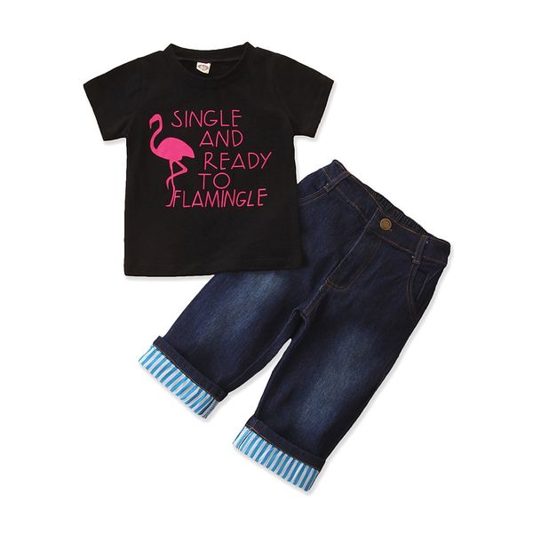 

toddler kid baby boy summer outfit short sleeve flamingo t shirt denim shorts pants jeans clothes set, White