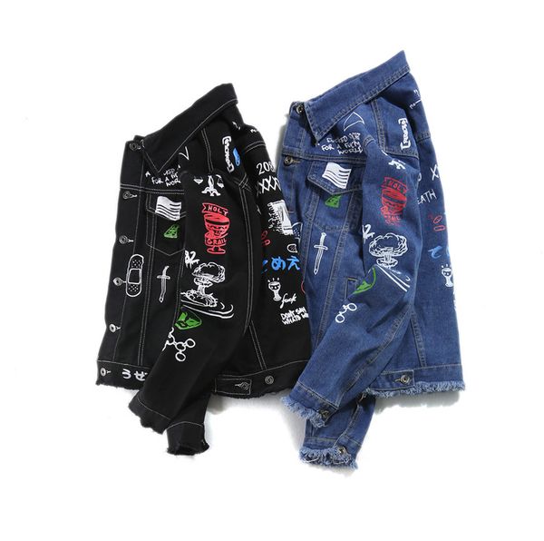 

2020 new mens jeans jacket men streets doodle denim coat male motorbike jean coat jackets asian size men clothing 11, Black;brown