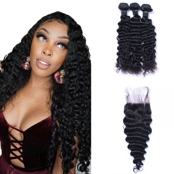 

8-26 дюймов глубокой волна связка с закрытием перуанского virgin завитых human 3 волос пучков переплетение и кружево закрытие, Black;brown