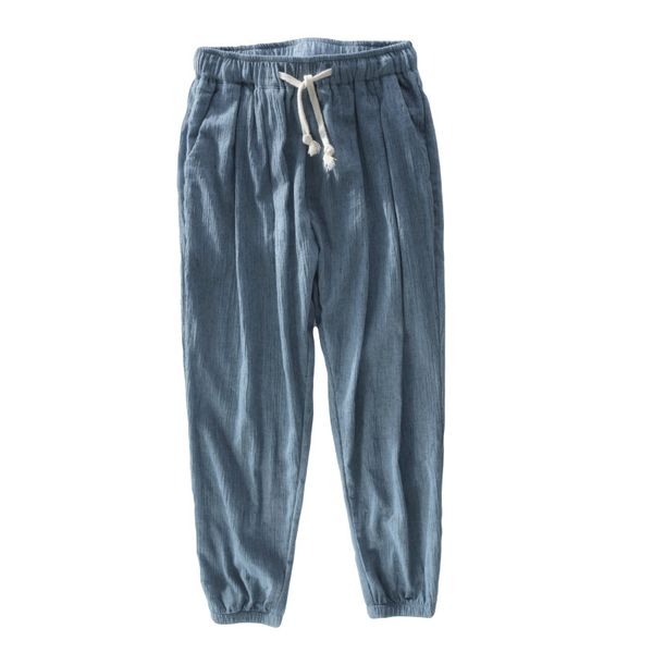 

men summer fashion japan style linen elastic waist slim ankle length pant male casual solid color trousers, Black