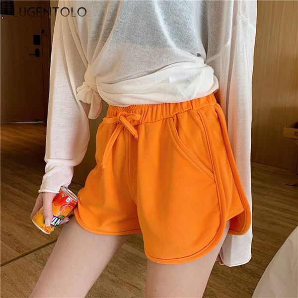 

lugentolo women shorts summer spring korean high elastic waist thin solid student casual sprots pocket simple joker shorts, White;black