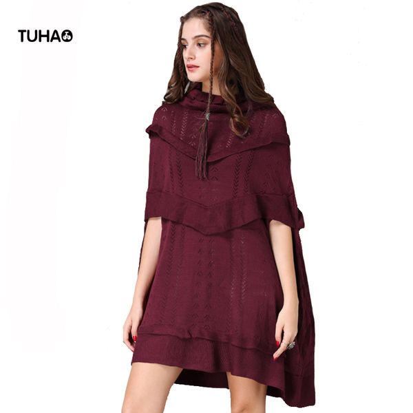 

tuhao long cloak style crocheted sweaters women ruffles vintage sweater loose knitted dress pull femme t82069, Black