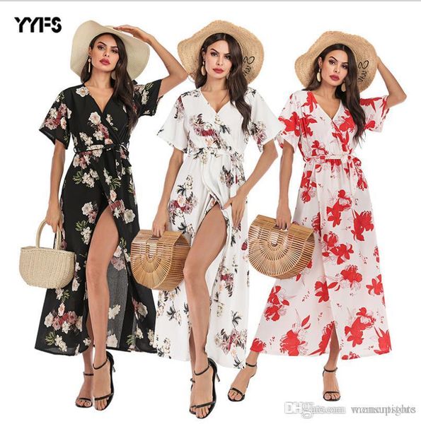 

женщины цветочные шифоновое платье лето коротким рукавом v-образным вырезом дробить длинные boho платья макси, Black;gray