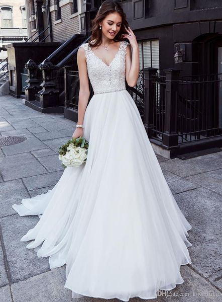 

vestido де novia шифон линия спинки свадебные платья глубокий v-образным вырезом с открытой спиной бисером кружева свадебное платье свадебны, White