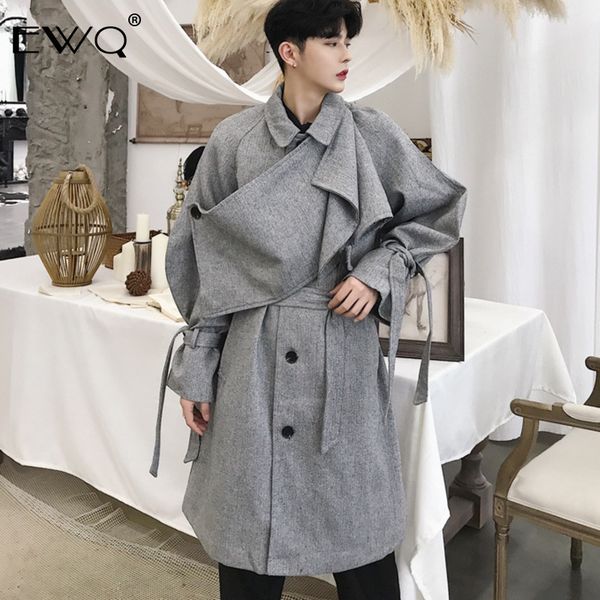 

ewq / 2020 new fashion spring personal irregular collage long coat with belt loose big size trench casual abrigo hombre 9a171, Tan;black