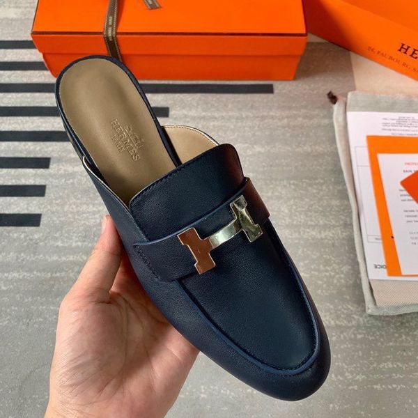 

fashion platform women's shoes wild vintage luxury summer half slippers outdoor wear slippers sandals leather flat shoes women 03, Black