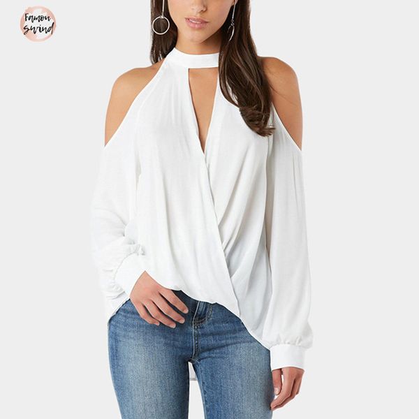 blouses women 2019 spring cold shoulder elegant long sleeve blouse plain office ol shirt halter blusa halter feminina, White