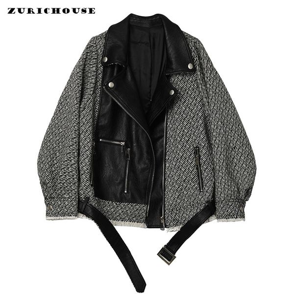 

zurichouse new faux leather motorcycle jacket women 2020 fashion loose fit leather jacket stitching tassel tweed, Black