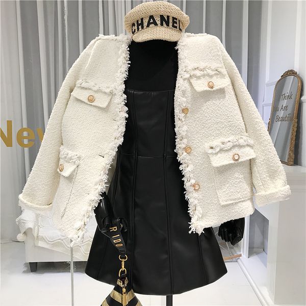 

2020 fall winter new v collar gold edge wool short coat women's single-breasted tweed jacket elegant lady's outwear, Black