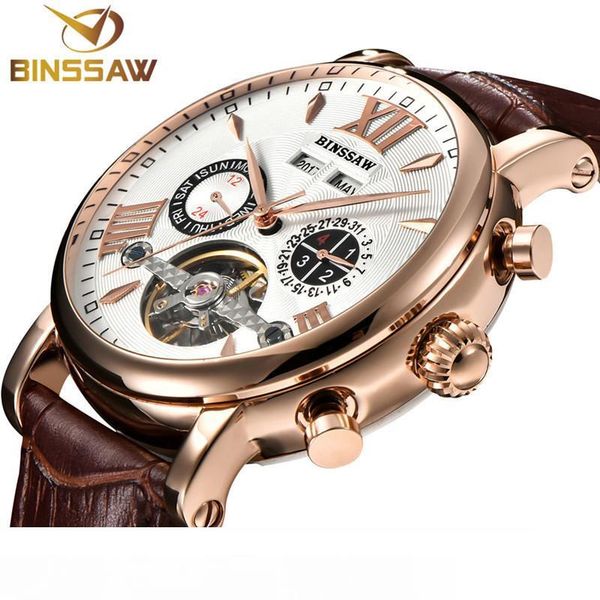

binssaw мужчины турбийон автоматические механические часы роскошные модные повседневные брендовые кожаные мужские золотые часы relogio mascu, Slivery;brown