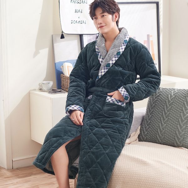 

winter men knitted cotton flannel homewear kimono robe gown keep warm sleepwear nightwear casual soft intimate bathrobe gown, Black;brown