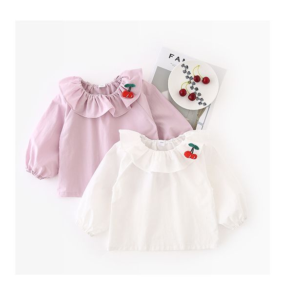 

Girl Kids Clothing shirt Ruffles Collar With Cherry Design Long Sleeve Shirt Girl Soft 100% cotton shirt