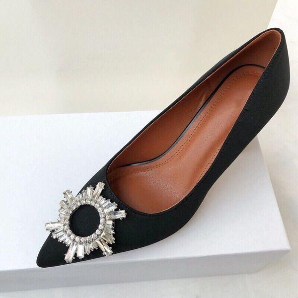 

high elegant carved heels women pumps solid silk pointed toe shallow fashion high heels 7cm shoes women rhinestone wedding shoes, Black