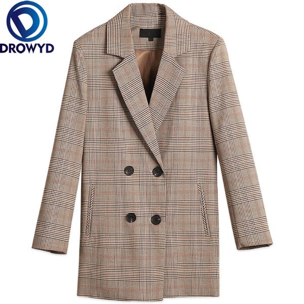 

vintage double breasted office ladies plaid blazer long sleeve loose new houndstooth suit coat jacket women blazers female 2020, White;black