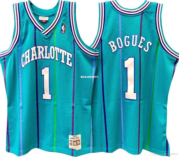

muggsy bogues #1 green sewn horsewn retro vintage jersey mens vest size xs-6xl stitched basketball jerseys ncaa, Black;blue