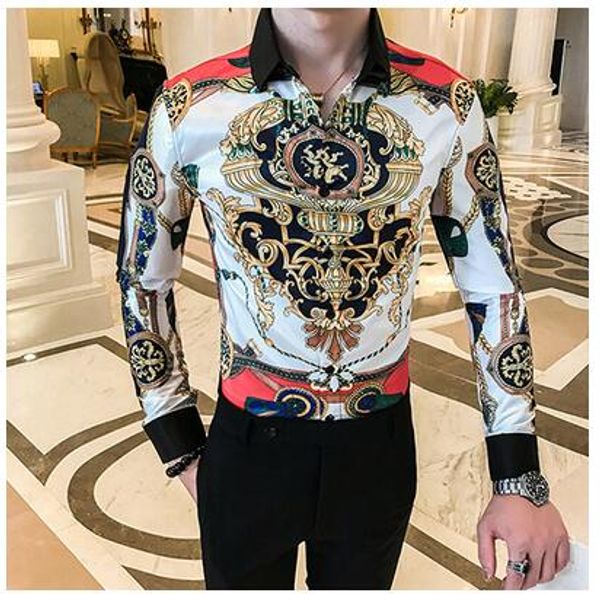 

fashion splice flower shirt printing man camisa masculina spring new pattern long sleeve slim fit shirts nightclub chemise homme, White;black