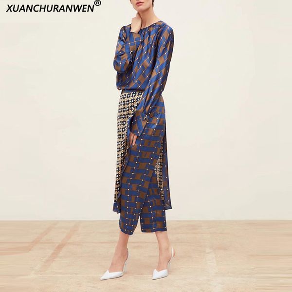 

fashion floral plaid sets long sleeve o neck loose shirts high waist skirt pants design blouse + pants sets xz1957 1961, White