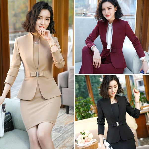 

izicfly formal office dress set for womens blazers long sleeve uniform elegant feminino business jacket dress suit plus size 4xl, White;black