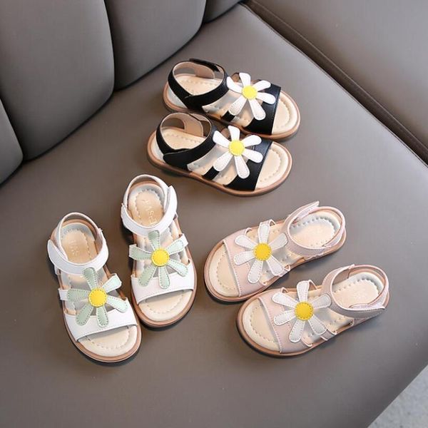 

girl sandals summer kids shoes princess flower open-toe flat beach sandals fashion solid color children girls leather shoes, Black;red