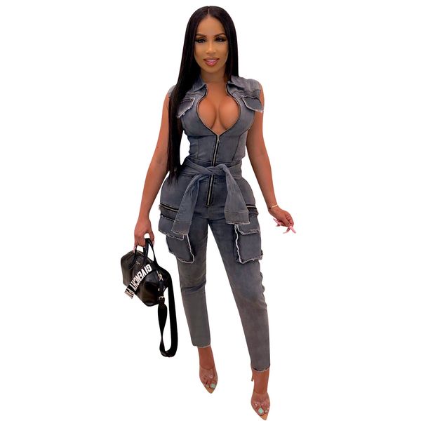 

womens nightclub fake sleeve lace-up fashion button washed jumpsuit, Black;white