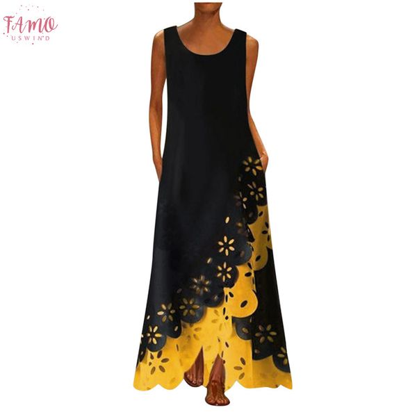 

maxi dress woman bohemian summer sleeveless sleeveless print round neck beach dress 3, Black;gray