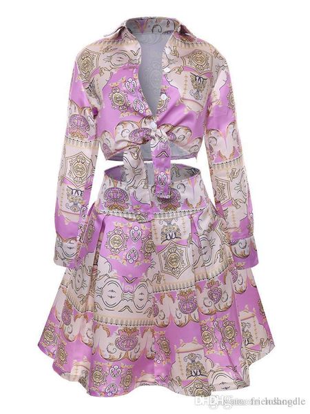 

summer pleated skirt two piece dress women print long sleeve 2pcs sets ladies skirts with button, White