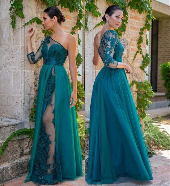 

sexy hunter вечерние платья одно плечо с длинным рукавом иллюзия лиф аппликации спереди сплит длинные вечерние платья выпускного вечера, Black;red