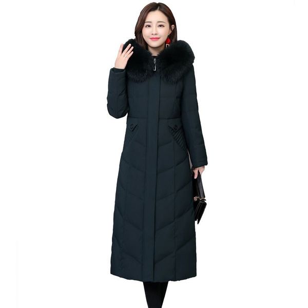 

2019 winter plus size 6xl women natural fur hooded white duck down long jacket mother thick warm outerwear coat parka m16, Black