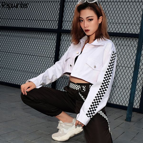 

rapwriter fashion single breasted crop checkerboard jacket women 2019 spring streetwear long sleeve bomber jacket pocket coat, Black;brown