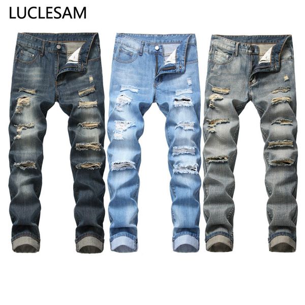 

mens straight ripped jeans slim fit destroyed hole jeans for men hip hop biker denim pants 2020 new fashion skinny trousers 42, Blue