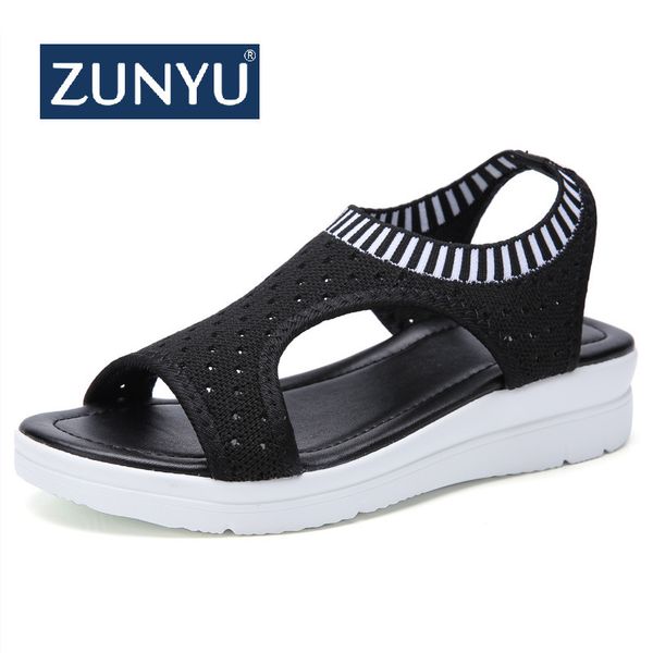 

zunyu new 9 colors woman flat summer shoes fashion women's sandals wedge comfortable sandals ladies sandals plus size 35-45 y200623, Black