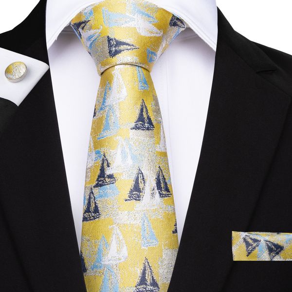 

hi-tie новый прибывающий шелковый галстук желтый парусник с узором галстук-запонки комплект 100% жаккардовые тканые галстуки для мужского ко, Black;blue