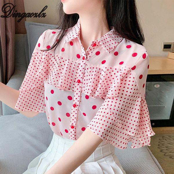 

dingaozlz elegant polka dot chiffon blouse flare sleeve women shirt summer fashion ruffles female, White