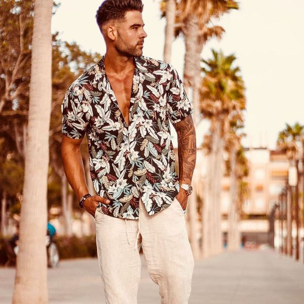 

summer men's cotton loose shirt short sleeve beach hawaii vacation print casual lapel with size soft men fashion shirt, White;black