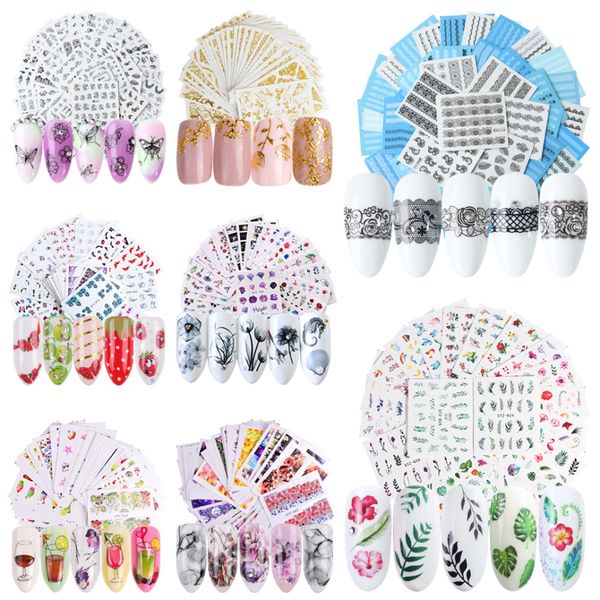 

nail stickers set water transfer decals mixed designs flower animal slider for manicure nail art decoration tattoos tips la830, Black